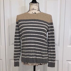 Elegant Gray and Tan Striped Women's Sweater 100% cotton Medium
